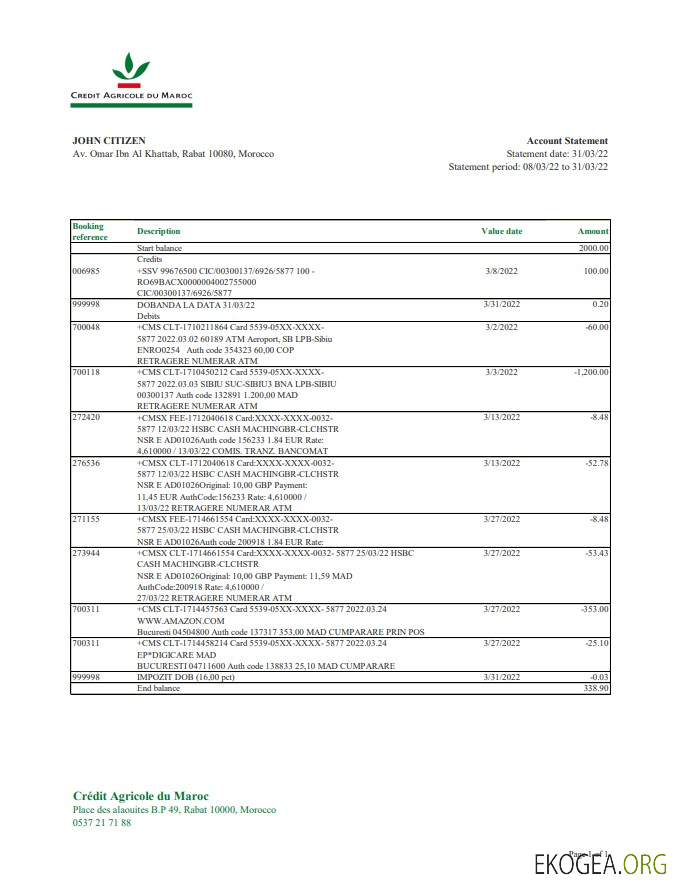 Relevé bancaire du Crédit Agricole Maroc